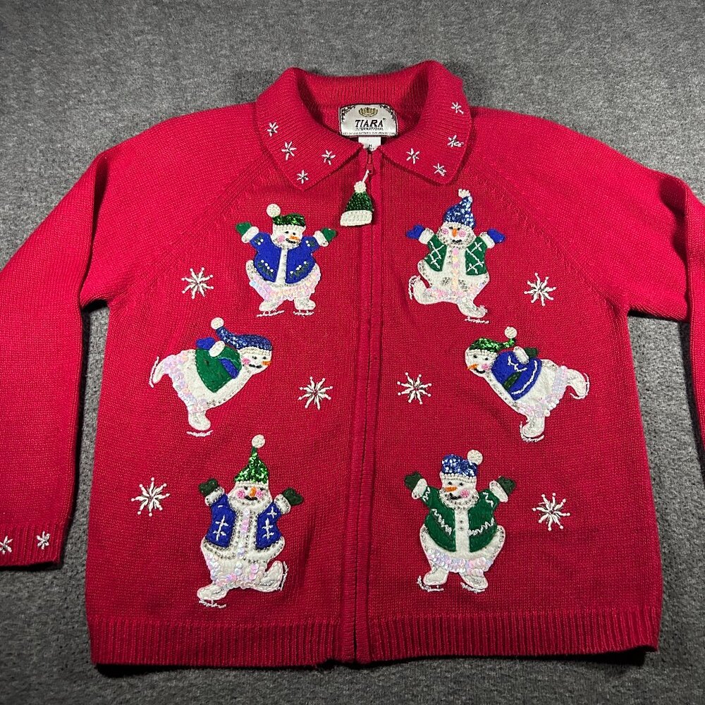 Vintage Tiara International Snowman Holiday Festive Zip Cardigan Red Sweater M